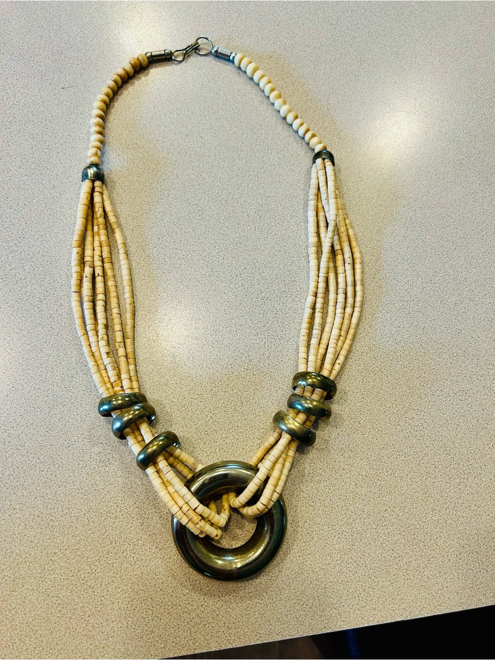 Vintage Natural Shell Multi-Strand Necklace with Brass Pendant